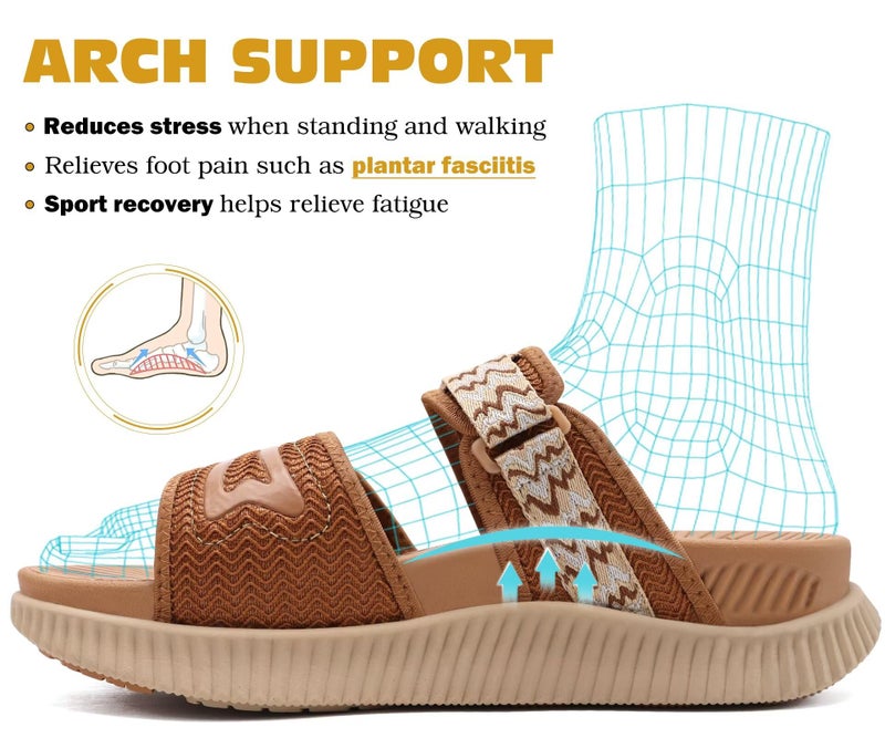 KuaiLu Womens Orthotic Slides Athletic Thick Cushion Recovery Sandals Adjustable Open Toe Slip On Yoga Mat Walking Ladies Sport Sandles Comfortable Plantar Fasciitis Arch Support Tan Khaki Size 9 - Image 3