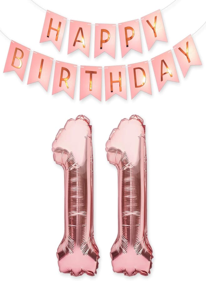 11th Birthday Party Decorations Rose Gold Supplies for Girls with Happy Birthday Banner and 11 Digit Balloons for Her