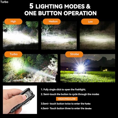 UNROEVS Mini Flashlight 2550 Lumens Rechargeable USB C Charging, Small Flashlights High Lumens 5 Modes, Pocket Light with Clip, Magnetic Flash Light for EDC,Camping, Hiking,Emergency - Image 3