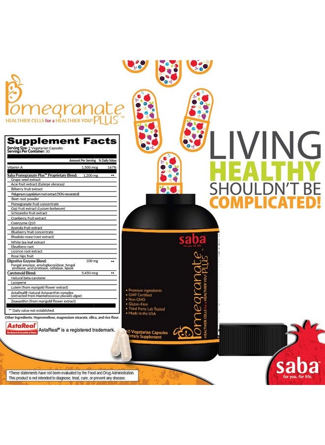 Saba Kombucha Saba Pomegranate Plus -Cellular Nutrition, Broad Spectrum of Essential Antioxidants - Support Stress, Cardiovascular Wellness, Immune System, Vision- 60 Capsules  - Image 3