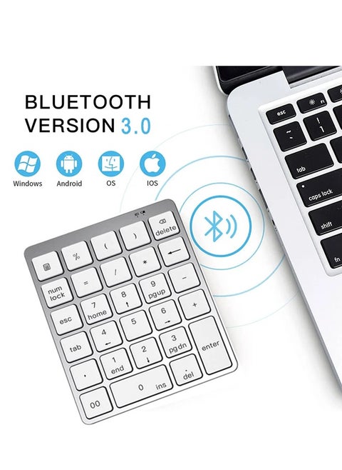 Wireless Number Pad, 28 Keys Numeric Keypad with 2.4G Mini USB Receiver, Portable Number Numpad Financial Accounting Bluetooth Wireless Number Pad for Laptop, PC, Notebook, Desktop, Surface Pro - Silver