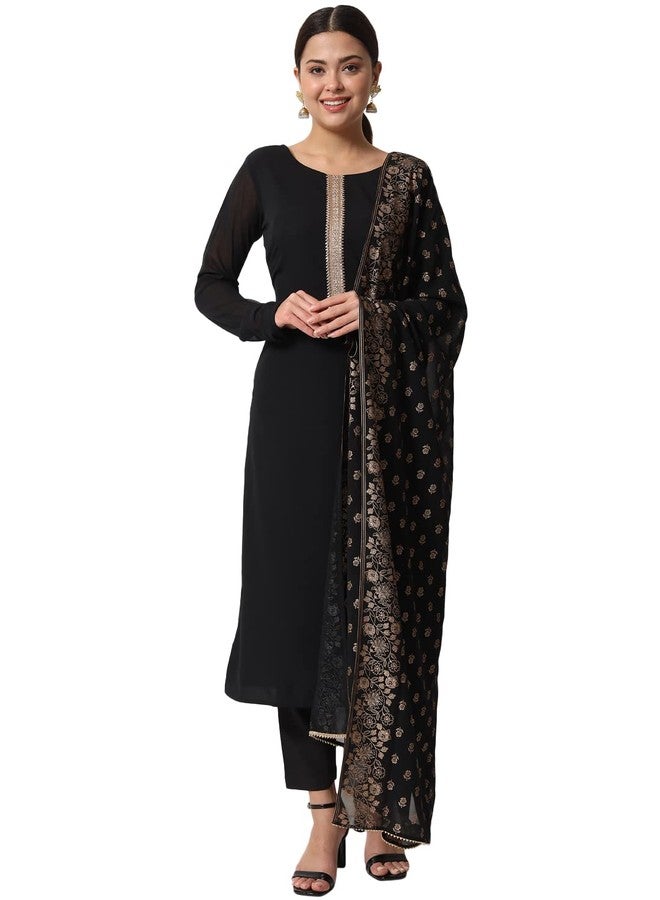 FIORRA طقم كورتة سوداء مستقيمة من قماش البوليستر الكريب من فيورا للنساء، مع بنطال وشال (SET0060-S) - Image 1