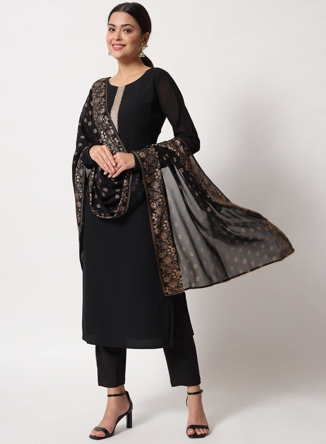FIORRA طقم كورتة سوداء مستقيمة من قماش البوليستر الكريب من فيورا للنساء، مع بنطال وشال (SET0060-S) - Image 3