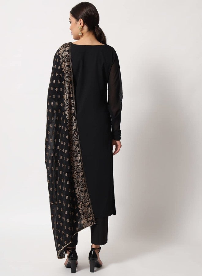 FIORRA طقم كورتة سوداء مستقيمة من قماش البوليستر الكريب من فيورا للنساء، مع بنطال وشال (SET0060-S) - Image 4