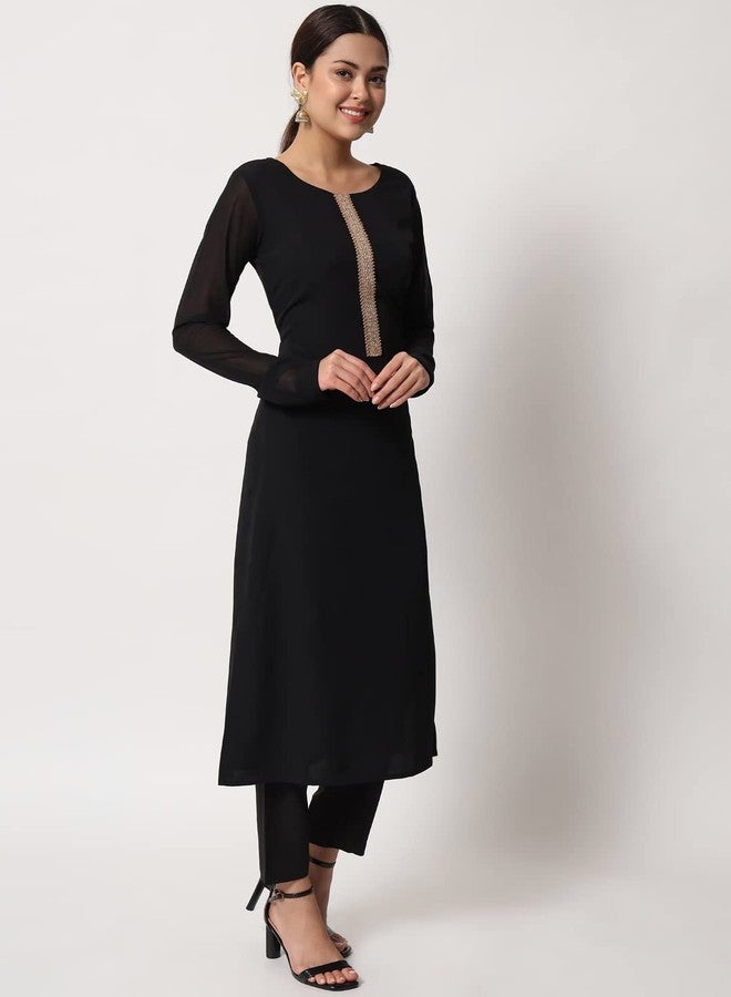 FIORRA طقم كورتة سوداء مستقيمة من قماش البوليستر الكريب من فيورا للنساء، مع بنطال وشال (SET0060-S) - Image 5