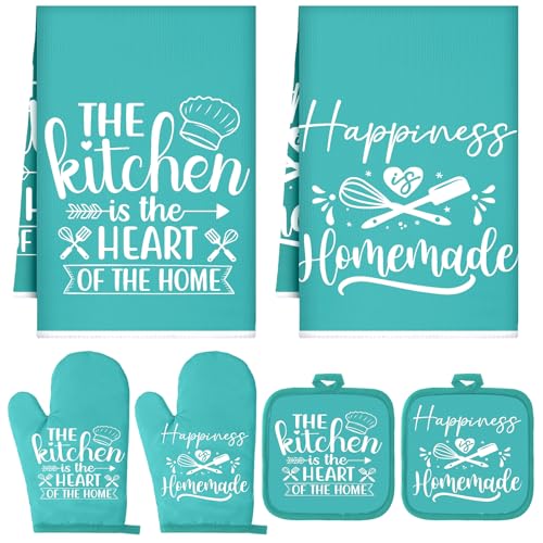 Sratte 6 Pcs Kitchen Decor Accessories Set Farmhouse Towels Pot Holders Oven Mitts Set 2 Dish Towels 2 Potholders 2 Cooking Mittens Oven Glove for Christmas Baking Cooking Supply(Light Teal,Kitchen) - Image 1