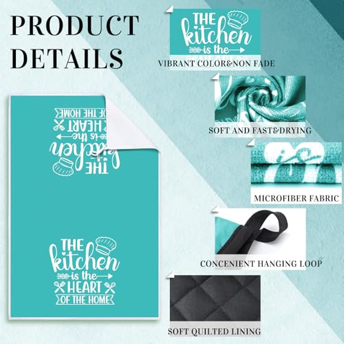 Sratte 6 Pcs Kitchen Decor Accessories Set Farmhouse Towels Pot Holders Oven Mitts Set 2 Dish Towels 2 Potholders 2 Cooking Mittens Oven Glove for Christmas Baking Cooking Supply(Light Teal,Kitchen) - Image 5