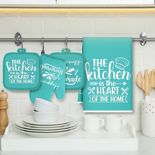Sratte 6 Pcs Kitchen Decor Accessories Set Farmhouse Towels Pot Holders Oven Mitts Set 2 Dish Towels 2 Potholders 2 Cooking Mittens Oven Glove for Christmas Baking Cooking Supply(Light Teal,Kitchen) - Image 2