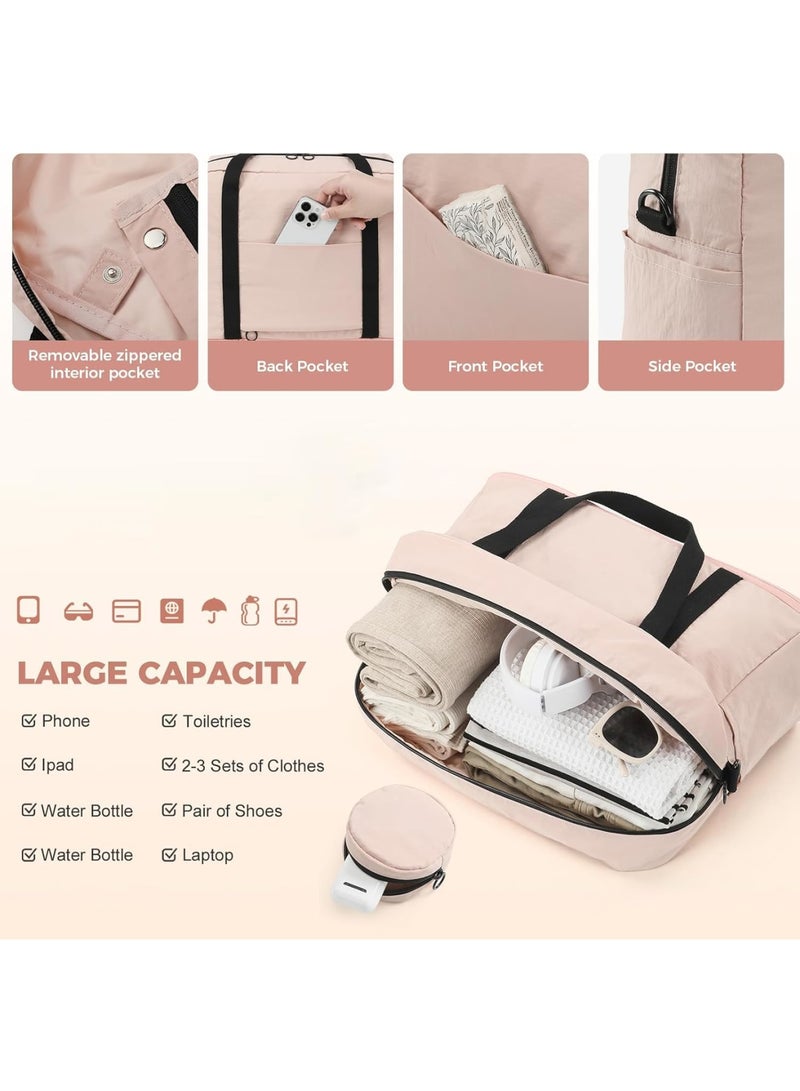 Barakah حقيبة عطلة نهاية الأسبوع، حقيبة دفل مقاومة للماء للسفر للنساء، حقيبة شخصية محمولة مع غلاف لعربة، حقيبة خفيفة الوزن لرحلات الفتيات إلى صالة الألعاب الرياضية والسفر في عطلة نهاية الأسبوع، وردي - Image 3