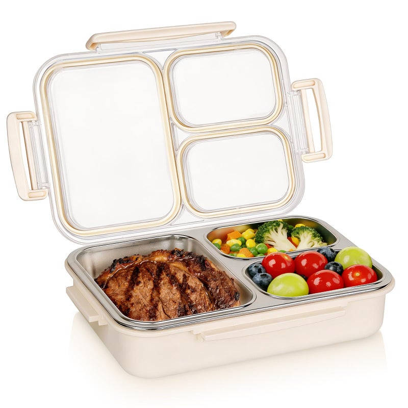 PTYTIFY Stainless Steel Bento Box, 3 Compartments Leakproof Stainless Steel Snack Containers, 25 oz Premium 304 Metal Lunch Box for Adults, BPA-Free, Dishwasher Safe (Beige) - Image 1