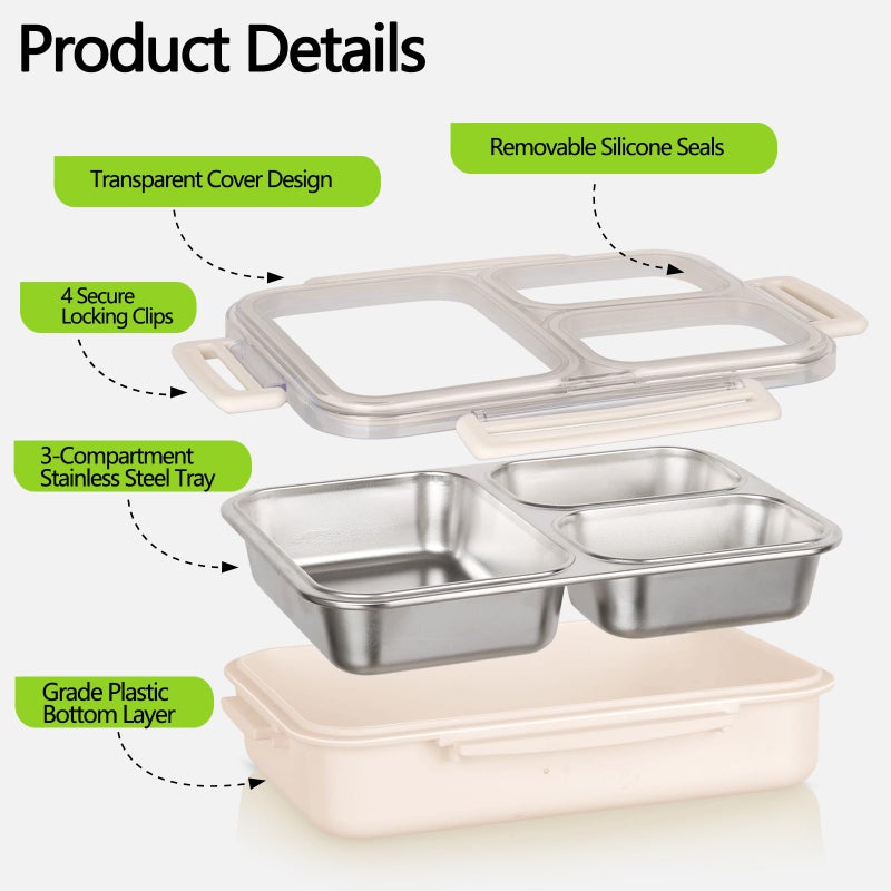 PTYTIFY Stainless Steel Bento Box, 3 Compartments Leakproof Stainless Steel Snack Containers, 25 oz Premium 304 Metal Lunch Box for Adults, BPA-Free, Dishwasher Safe (Beige) - Image 5