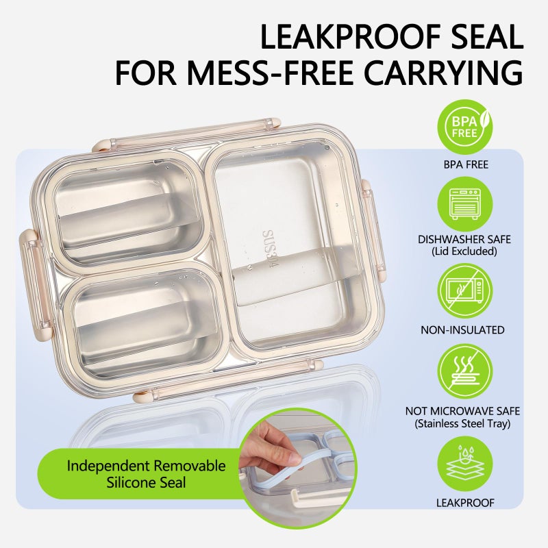 PTYTIFY Stainless Steel Bento Box, 3 Compartments Leakproof Stainless Steel Snack Containers, 25 oz Premium 304 Metal Lunch Box for Adults, BPA-Free, Dishwasher Safe (Beige) - Image 3