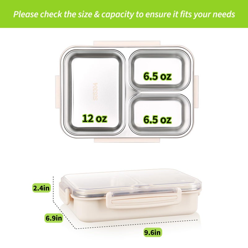 PTYTIFY Stainless Steel Bento Box, 3 Compartments Leakproof Stainless Steel Snack Containers, 25 oz Premium 304 Metal Lunch Box for Adults, BPA-Free, Dishwasher Safe (Beige) - Image 2