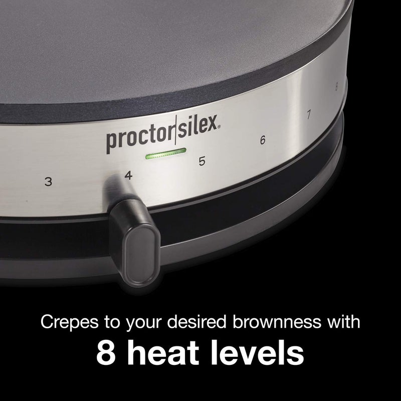 Proctor Silex Electric Crepe Maker with 13” Nonstick Griddle for Eggs, Pancakes, Omelets and Quesadillas, with Temperature Control, Spatula, Spreader, Batter Cup, Stainless Steel (38400PS) - Image 3