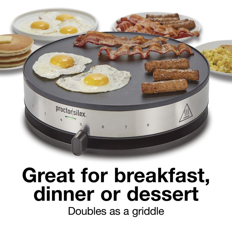Proctor Silex Electric Crepe Maker with 13” Nonstick Griddle for Eggs, Pancakes, Omelets and Quesadillas, with Temperature Control, Spatula, Spreader, Batter Cup, Stainless Steel (38400PS) - Image 5