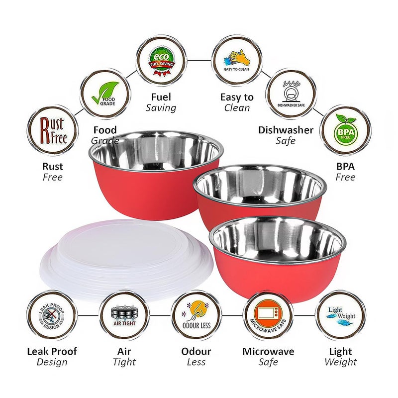 Zaib Stainless Steel Micrwoave Safe Containers with Lid for Kitchen Food Stroage | Euro Mixing Bowls (WL Red Plain) - Image 2