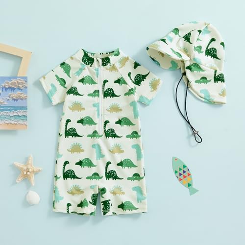 Socutebabe Toddler Infant Baby Boys Girl Swimsuit Kids Rash Guard One Piece Newborn Zipper Bathing Suit Swimwear with Hat (df-Green,0-3 Months) - Image 2