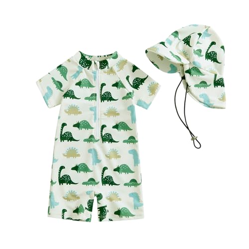 Socutebabe Toddler Infant Baby Boys Girl Swimsuit Kids Rash Guard One Piece Newborn Zipper Bathing Suit Swimwear with Hat (df-Green,0-3 Months) - Image 1