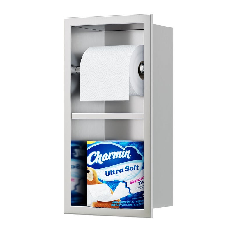 Qeke Recessed Toilet Paper Holder, 304 Stainless Steel Bathroom Toilet Paper Holder with Storage, in Wall Tissue Toilet Roll Holder, Brushed Nickel - Image 1