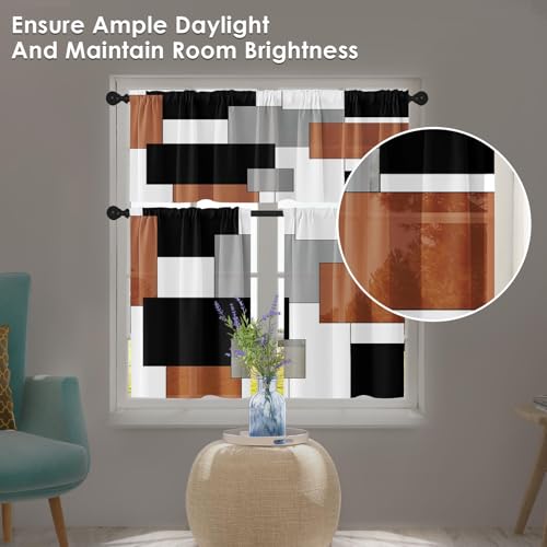 Tayney Brown Kitchen Window Curtains Valance and Tier Set 36 Inch Black Grey White Modern Rod Pocket Short Tier Curtain for Bathroom Abstract Art Small Cafe Drapes for Decor - Image 3