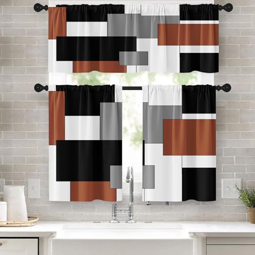 Tayney Brown Kitchen Window Curtains Valance and Tier Set 36 Inch Black Grey White Modern Rod Pocket Short Tier Curtain for Bathroom Abstract Art Small Cafe Drapes for Decor - Image 1