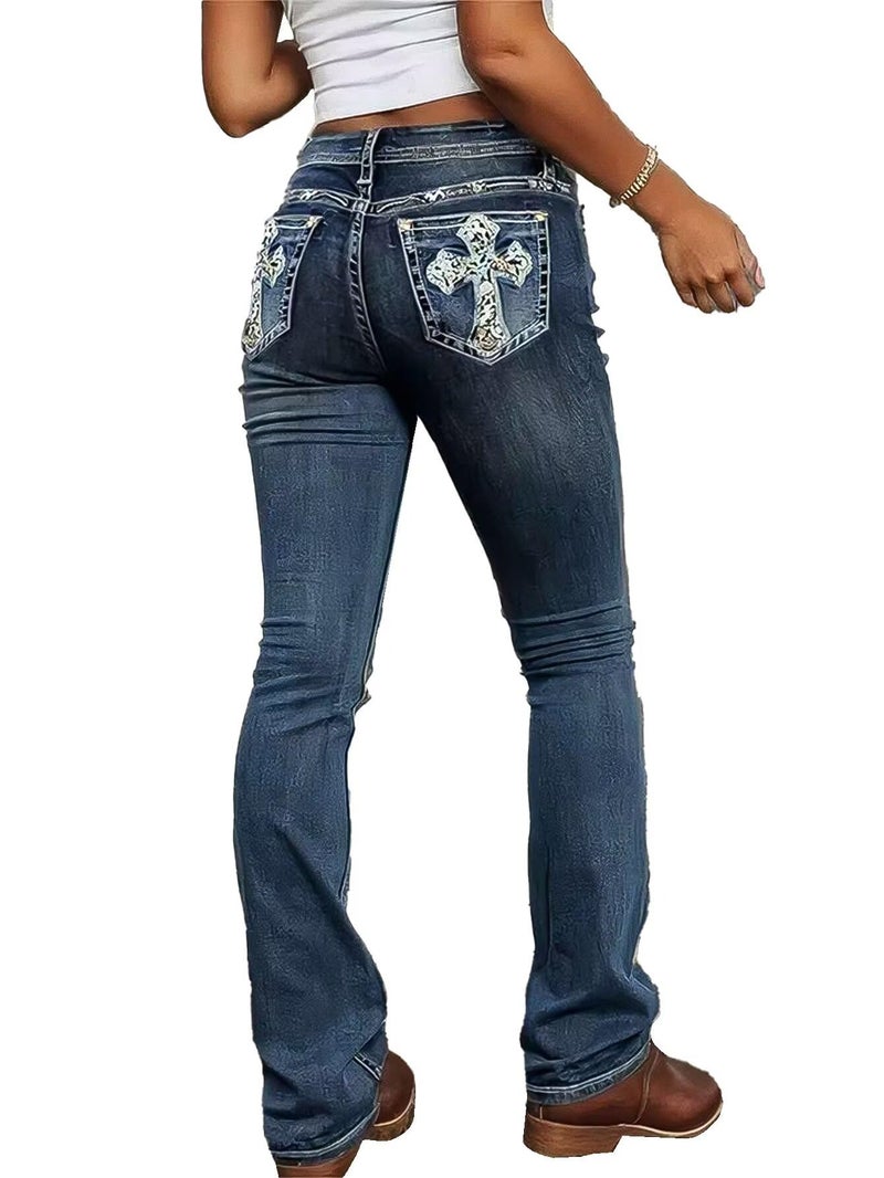 Flamingals Embroidered Bootcut Jeans for Women Mid Rise Stretchy Criss Cross Graphic Curvy Bell Bottom Jeans Navy Blue M - Image 1