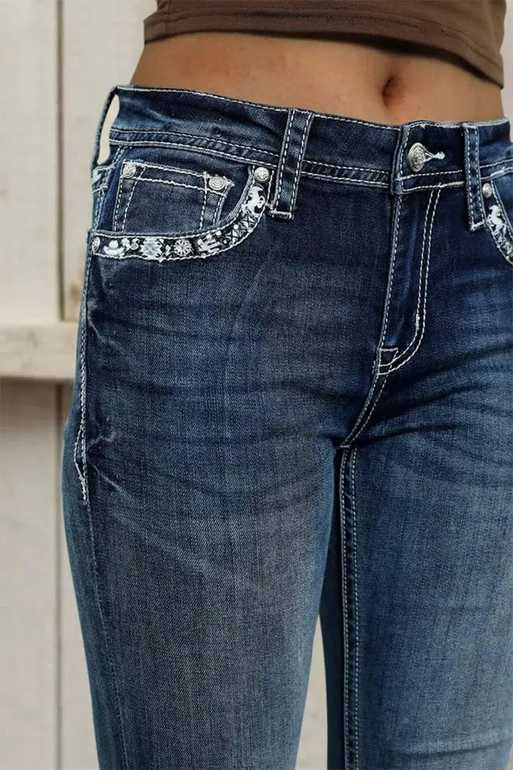 Flamingals Embroidered Bootcut Jeans for Women Mid Rise Stretchy Criss Cross Graphic Curvy Bell Bottom Jeans Navy Blue M - Image 5