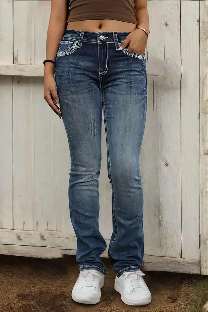 Flamingals Embroidered Bootcut Jeans for Women Mid Rise Stretchy Criss Cross Graphic Curvy Bell Bottom Jeans Navy Blue M - Image 3