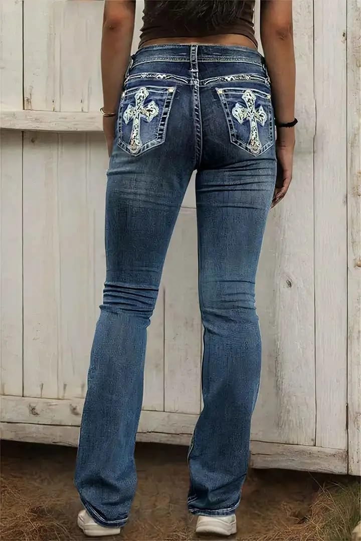 Flamingals Embroidered Bootcut Jeans for Women Mid Rise Stretchy Criss Cross Graphic Curvy Bell Bottom Jeans Navy Blue M - Image 2