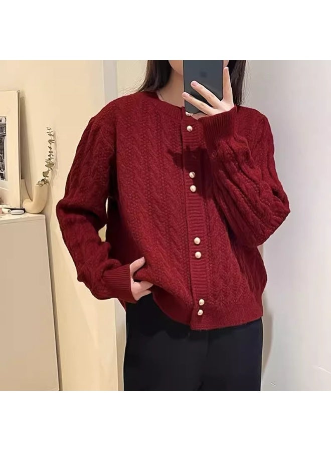 NIBEMINENT Solid Color Knitted for Women Cardigan  Single Breasted Long Sleeve Jumper Woman Round Neck All Match Cardigans Outwear