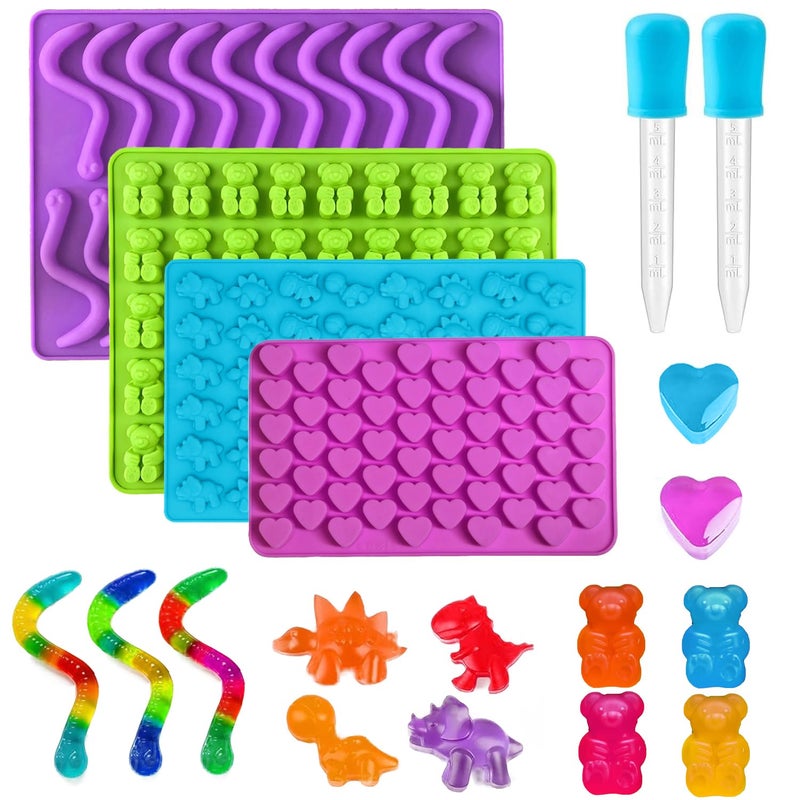 Ahorasky Gummy Candy Molds - Silicone Gummy Bear/Dinosaur/Hearts/Gummy Worm Mold with 2pcs Dropper,Non-stick and Bpa Free for Mini Candy Chocolate Gummies Baking - Image 1