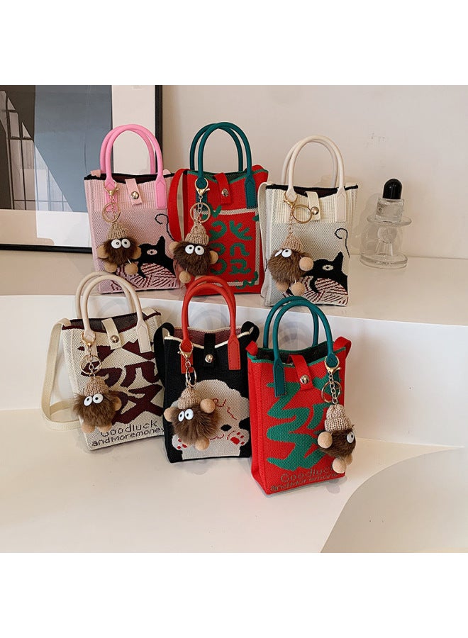 Summer Mini Portable Small Bag 2024 Popular Woven Crossbody Knitted Niche Mobile Phone Bag-Color:Red Fortune J-31 With Accessories  - Image 2