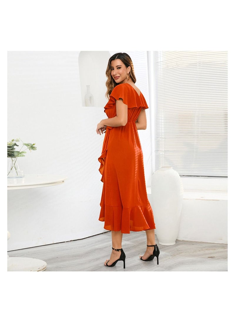 Loquat Flowering Lotus Leaf Large Swing V-neck Dress  - Image 2