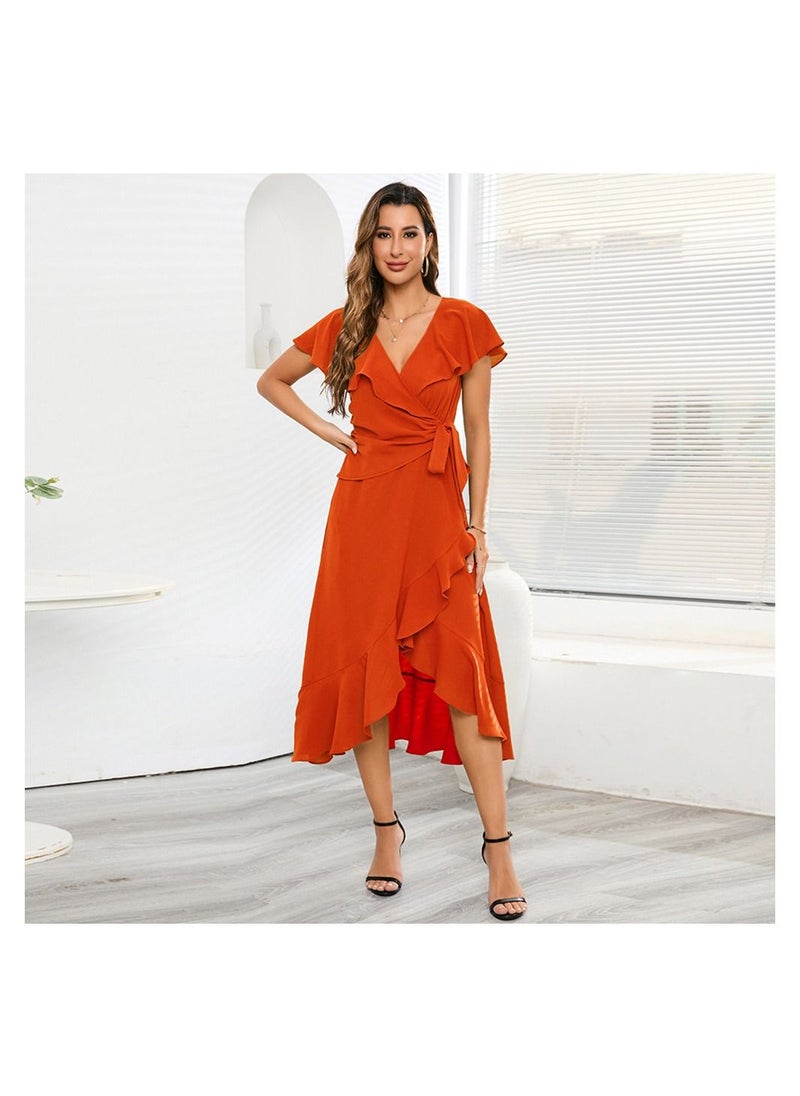 Loquat Flowering Lotus Leaf Large Swing V-neck Dress  - Image 3