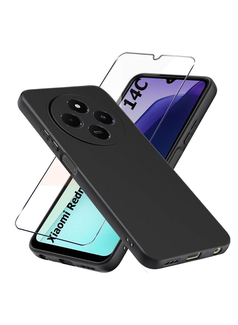 Silicone Case with Tempered Glass Compatible with Xiaomi Redmi 14C / Poco C75 Black Soft Gel Case Cover with Screen Protector for Xiaomi Redmi 14C / Poco C75 Black - Image 1
