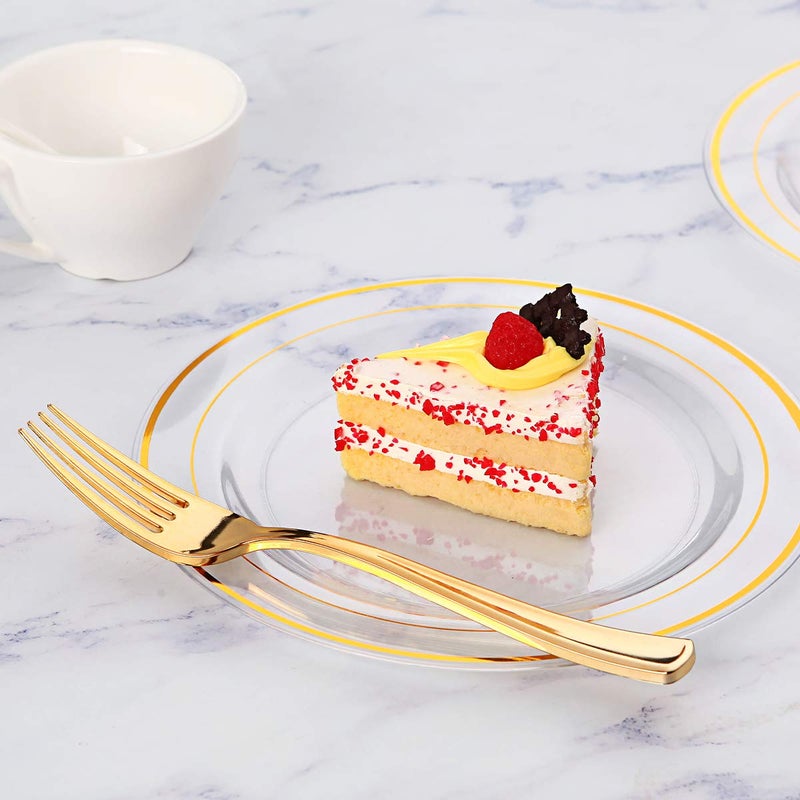 I00000 72 Pcs Clear Plastic Dessert Plates 7.5"" & 72 Pcs Gold Disposable Forks 7.4""  Clear Dessert Plates  Fancy Salad Plate Gold Appetizer Plate for Holidays  Occasions  Thanksgiving - Image 2