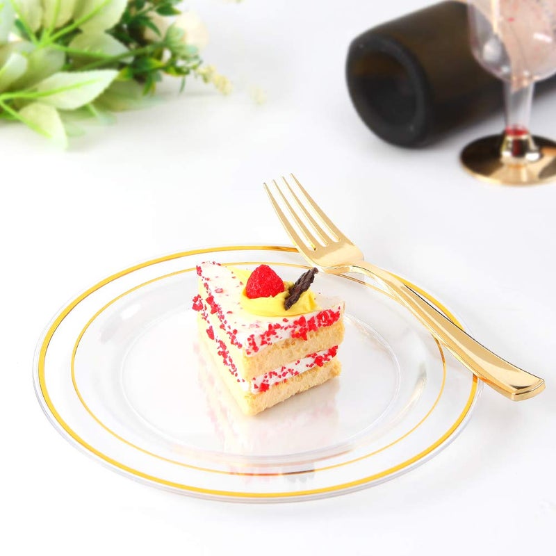 I00000 72 Pcs Clear Plastic Dessert Plates 7.5"" & 72 Pcs Gold Disposable Forks 7.4""  Clear Dessert Plates  Fancy Salad Plate Gold Appetizer Plate for Holidays  Occasions  Thanksgiving - Image 3
