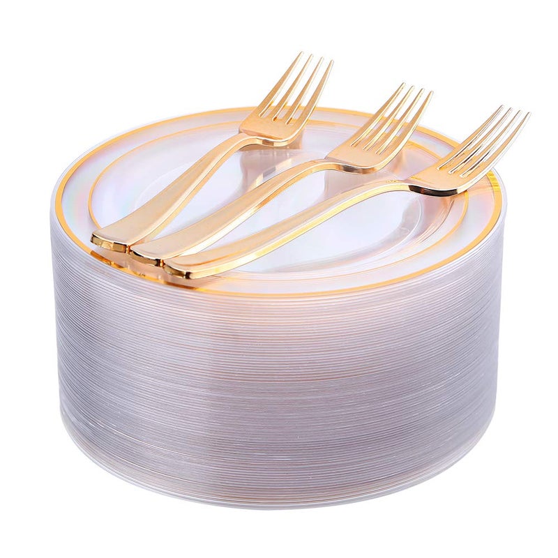 I00000 72 Pcs Clear Plastic Dessert Plates 7.5"" & 72 Pcs Gold Disposable Forks 7.4""  Clear Dessert Plates  Fancy Salad Plate Gold Appetizer Plate for Holidays  Occasions  Thanksgiving - Image 1