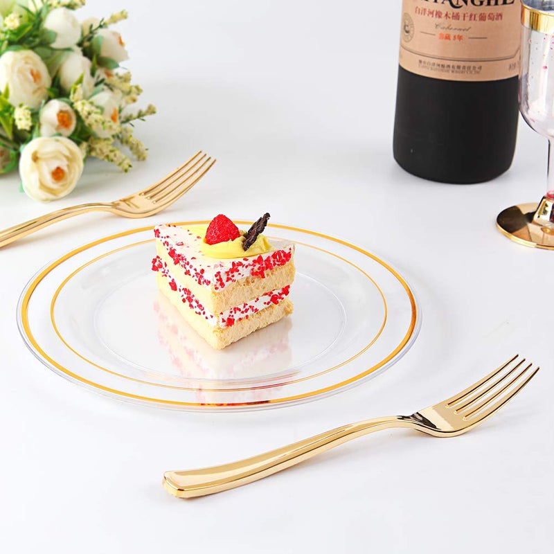I00000 72 Pcs Clear Plastic Dessert Plates 7.5"" & 72 Pcs Gold Disposable Forks 7.4""  Clear Dessert Plates  Fancy Salad Plate Gold Appetizer Plate for Holidays  Occasions  Thanksgiving - Image 4