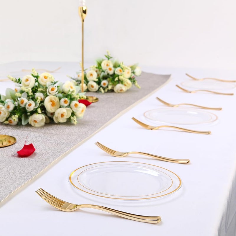 I00000 72 Pcs Clear Plastic Dessert Plates 7.5"" & 72 Pcs Gold Disposable Forks 7.4""  Clear Dessert Plates  Fancy Salad Plate Gold Appetizer Plate for Holidays  Occasions  Thanksgiving - Image 5