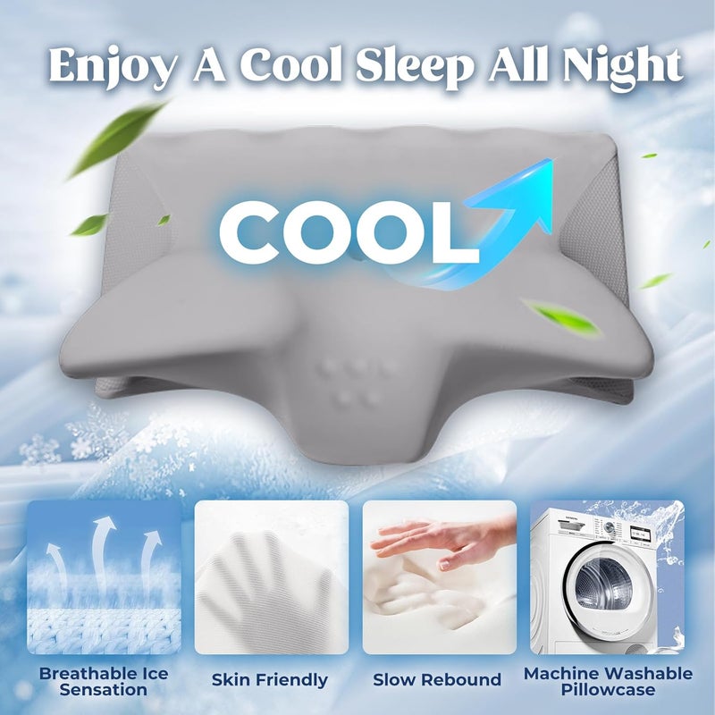 BEDCOOL Cervical Neck Pillow for Pain Relief,Ergonomic Contour Memory Foam Pillows for Sleeping,Cooling odorless Neck Support Pillow for Side Back Stomach Sleeper,with Washable Pillowcase,Grey - Image 3