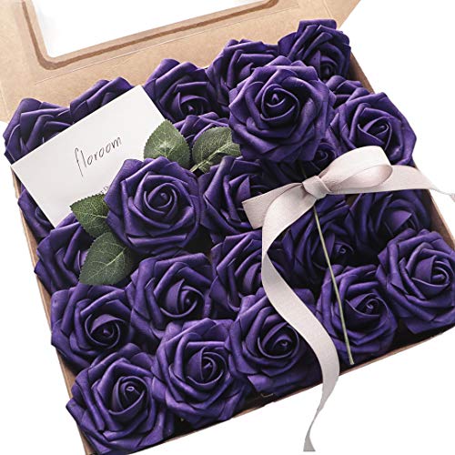 Floroom Artificial Flowers 50pcs Real Looking Dark Purple Foam Fake Roses with Stems for DIY Wedding Bouquets Bridal Shower Centerpieces Floral Arrangements Party Tables Home Decorations - Image 1