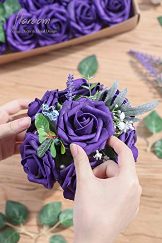 Floroom Artificial Flowers 50pcs Real Looking Dark Purple Foam Fake Roses with Stems for DIY Wedding Bouquets Bridal Shower Centerpieces Floral Arrangements Party Tables Home Decorations - Image 2