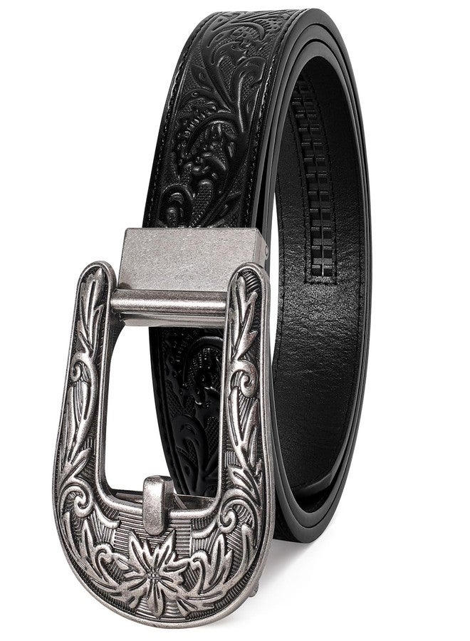 SANSTHS Western Cowboy Ratchet Belts for Men Women Leather Cowboy Belt with Automatic Western Buckle for Christmas Gifts, Slivery Flower/ Black, 33"-38" Wasit Adjustable - Image 1