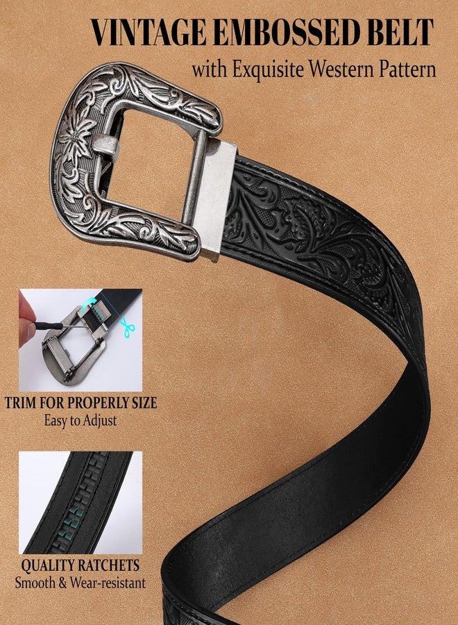 SANSTHS Western Cowboy Ratchet Belts for Men Women Leather Cowboy Belt with Automatic Western Buckle for Christmas Gifts, Slivery Flower/ Black, 33"-38" Wasit Adjustable - Image 5
