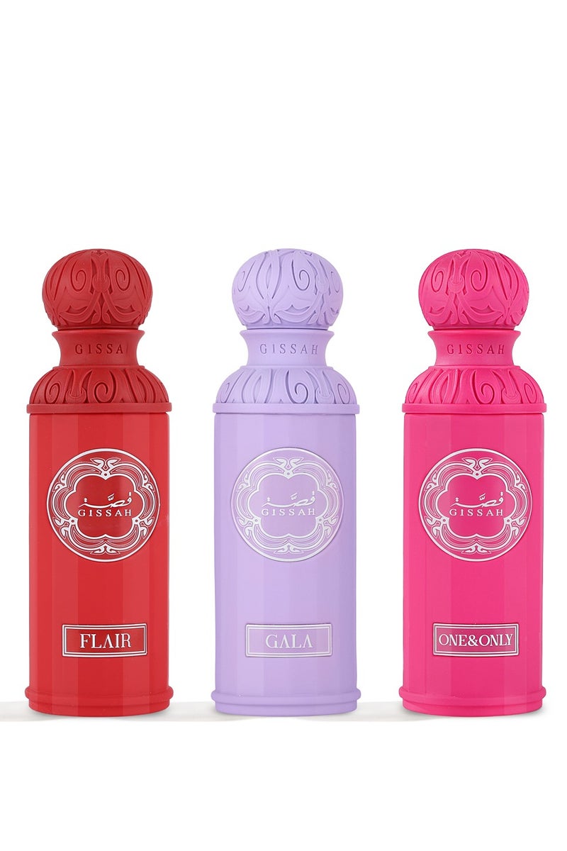 GISSAH Enchanted Set – 3x 50ml Perfumes (One & Only, Gala, Flair) + 3 Small Bags - Image 1