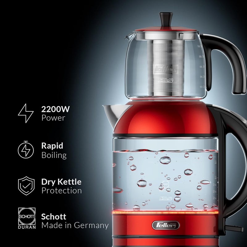 Feller Germany TS289 2-in-1 Tea Maker, 2L German Schott Glass Kettle + 1L Teapot, 2200W Strix Control, Keep Warm, BPA Free, Stainless Steel Filter (Red) - 2Y Guarantee-KSA Version - Image 2