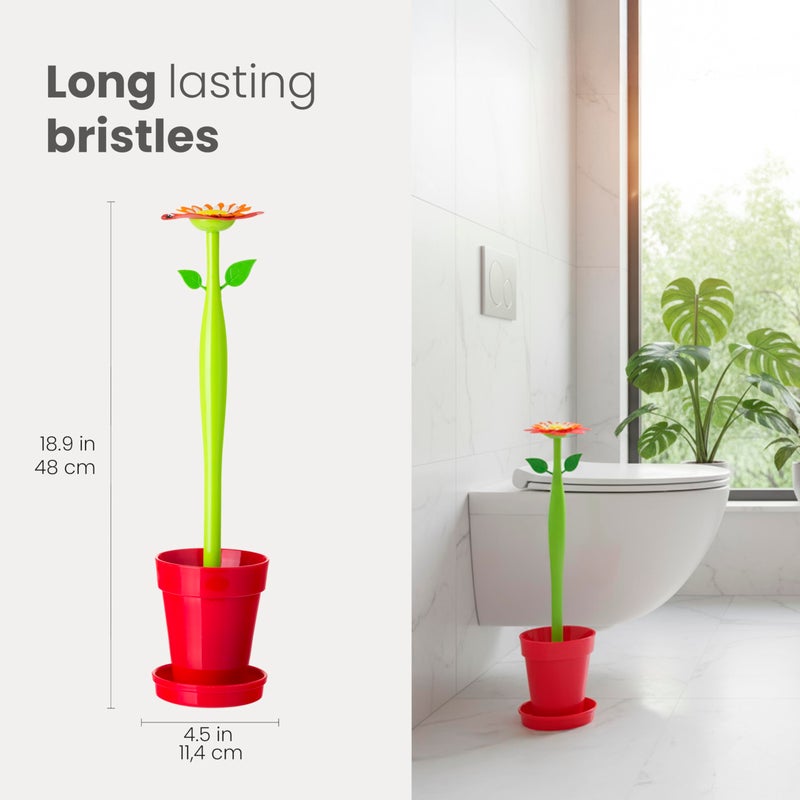 Vigar Flower Power Toilet Brush and Holder Set, Toilet Bowl Cleaner with Daisy-Shaped Handle, Flowerpot Base and Saucer, for House and Bathroom, Red - Image 3