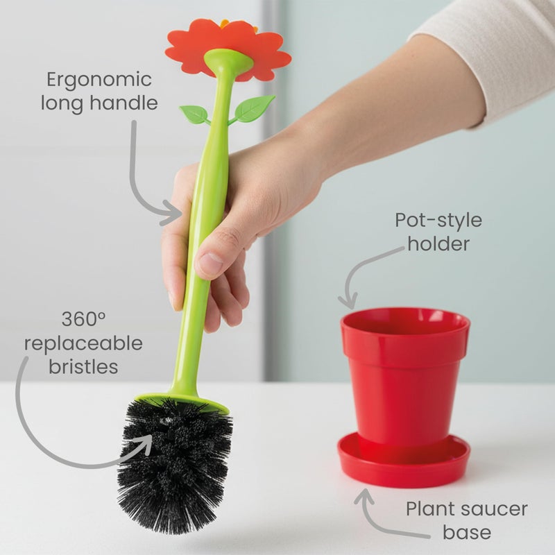 Vigar Flower Power Toilet Brush and Holder Set, Toilet Bowl Cleaner with Daisy-Shaped Handle, Flowerpot Base and Saucer, for House and Bathroom, Red - Image 4