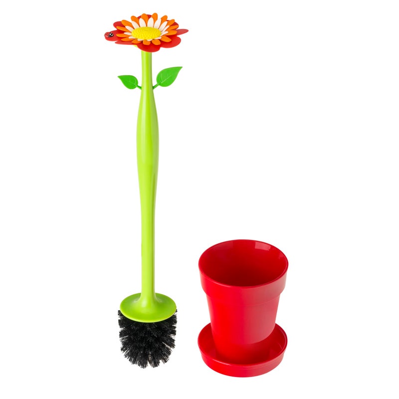 Vigar Flower Power Toilet Brush and Holder Set, Toilet Bowl Cleaner with Daisy-Shaped Handle, Flowerpot Base and Saucer, for House and Bathroom, Red - Image 1